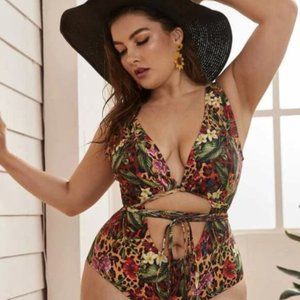 Plus Leopard & Floral Backless One Piece Swim